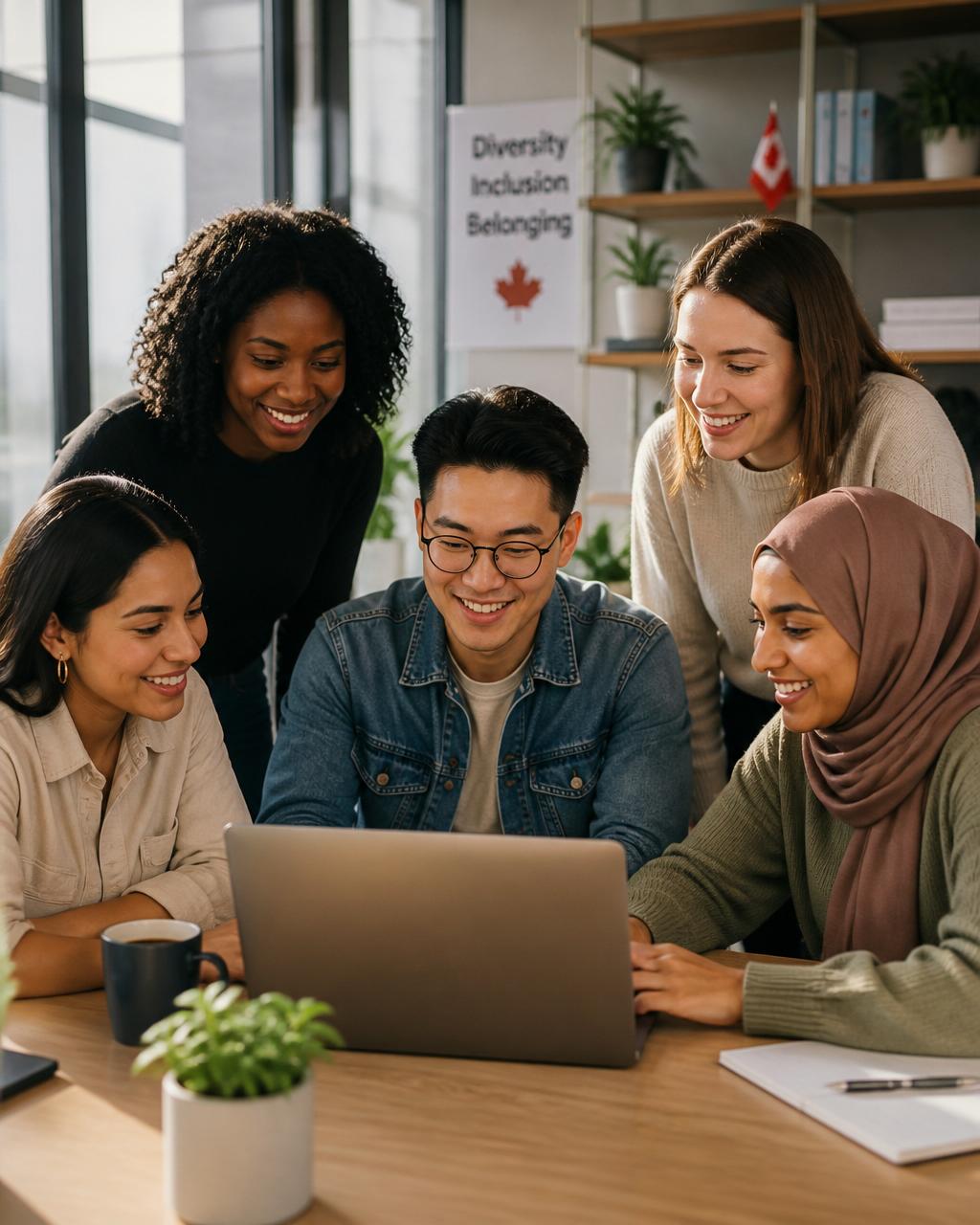 Five employees gathered around a laptop in a bright meeting room.