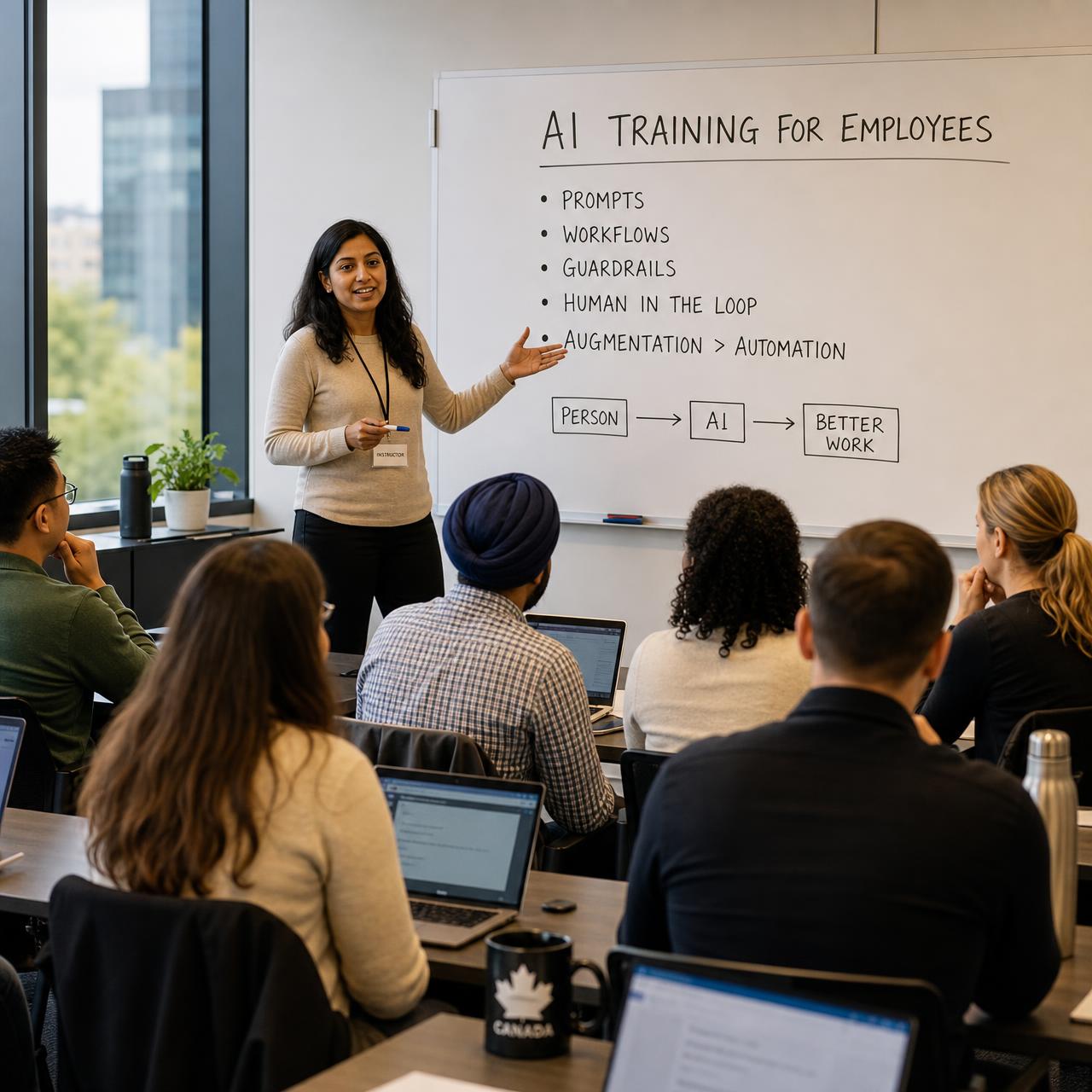 An instructor leading a live training session for a room of Canadian professionals.