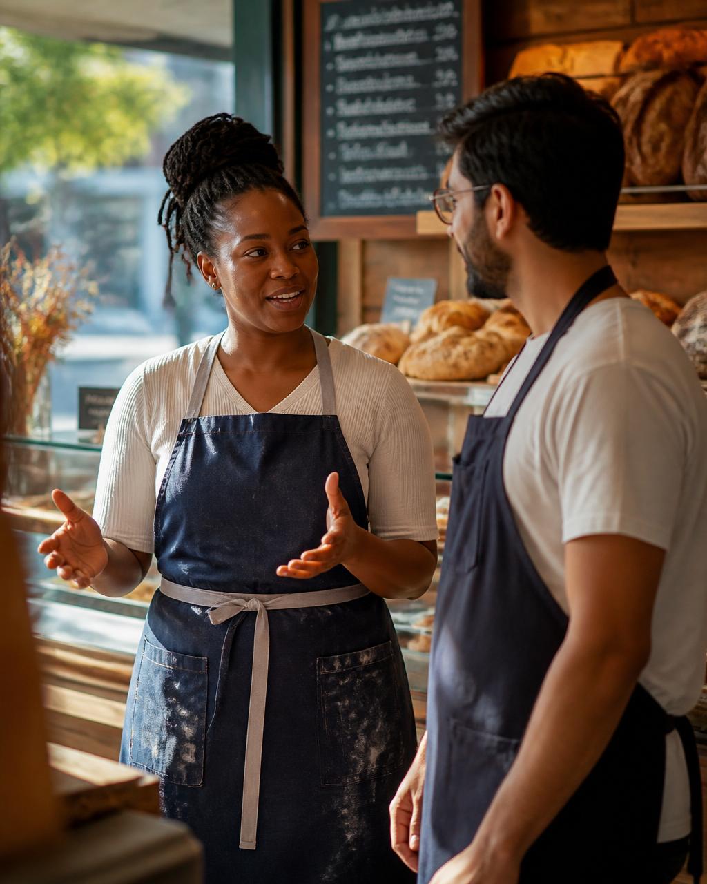 A Canadian bakery owner and her employee talking on the shop floor.