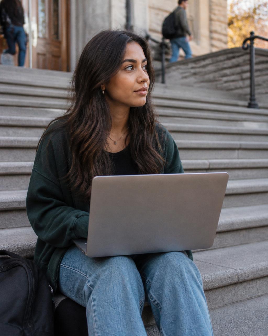 A recent grad on campus steps, laptop open, working between classes.